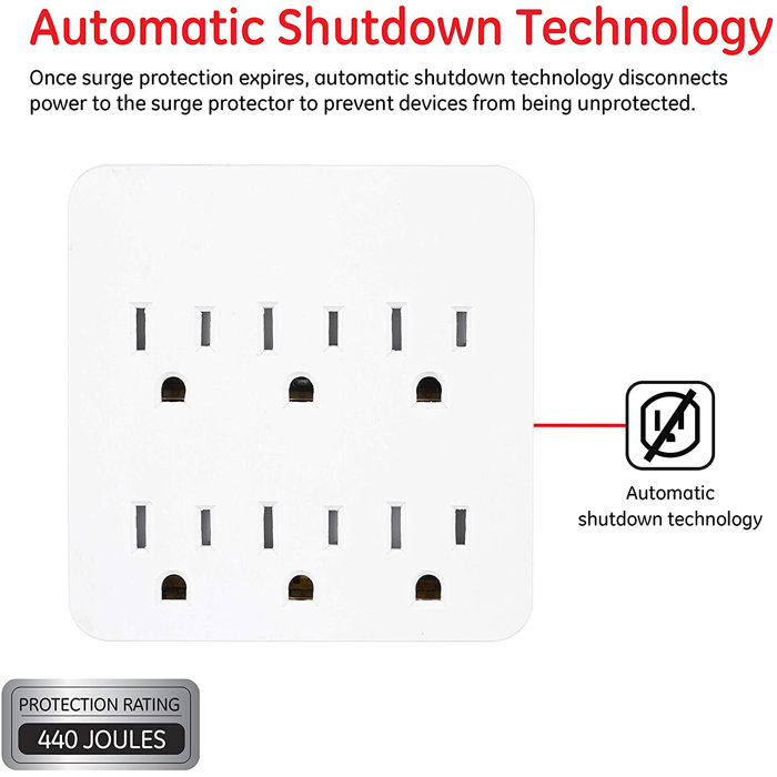 GE 6Outlet Wall Tap with Surge Protection, 360J, White, 37155 Wayfair